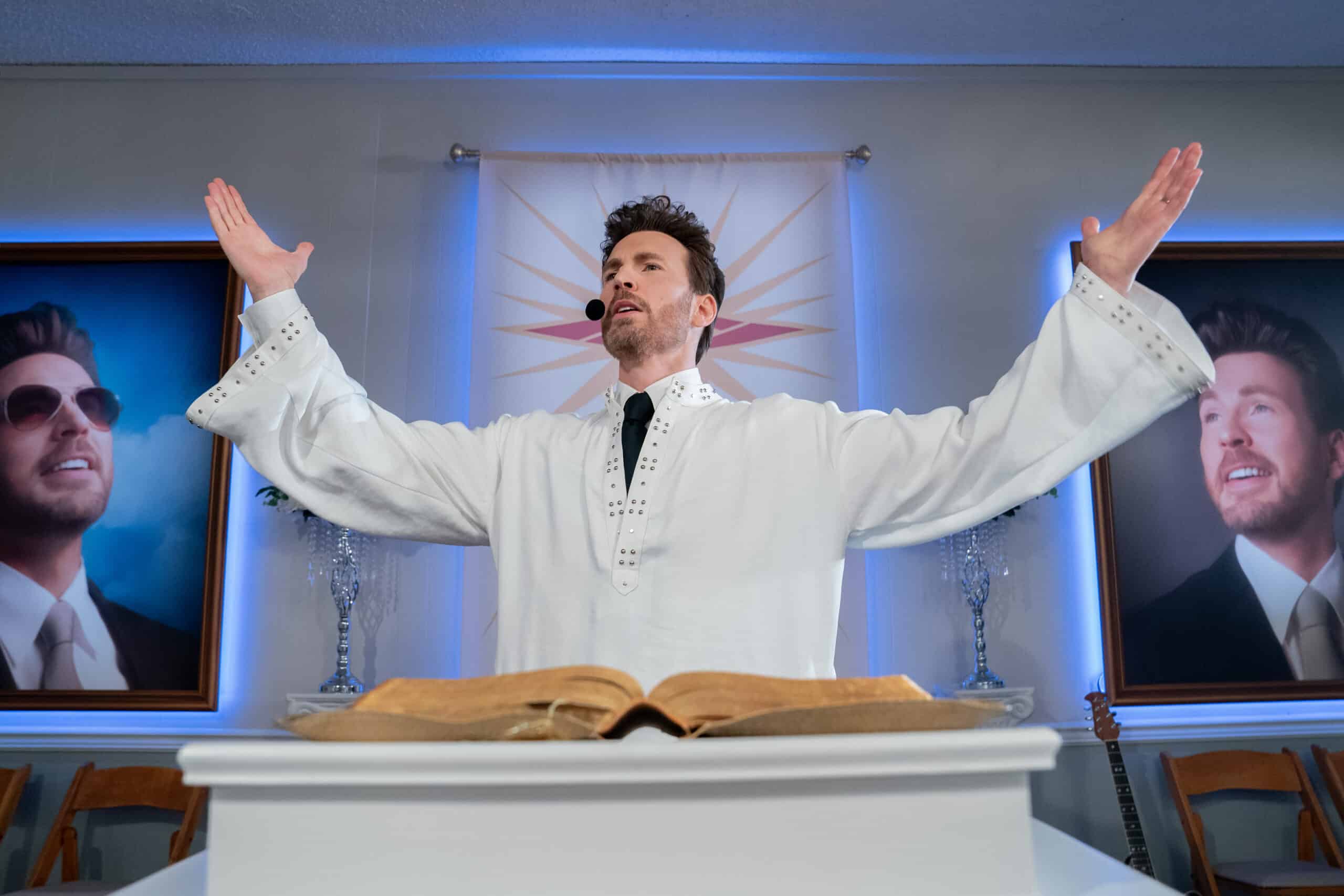 Reverend Drew (Chris Evans) preaching – Honey Don’t