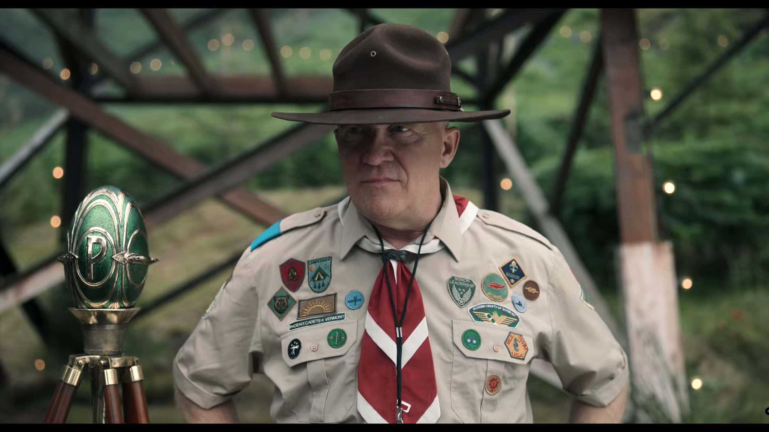 Ron Kruger (Anthony Michael Hall) addressing his troupe - Wednesday Season 2 Episode 3