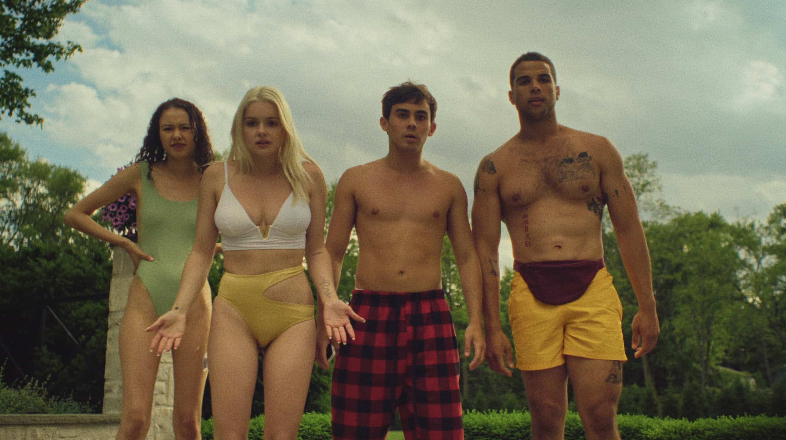 Shane (Francesca Noel), Delaney (Ariel Winter), Blake (Tyler Alvarez), and Reed (Mason Gooding) surprised by Kennedy- Pools