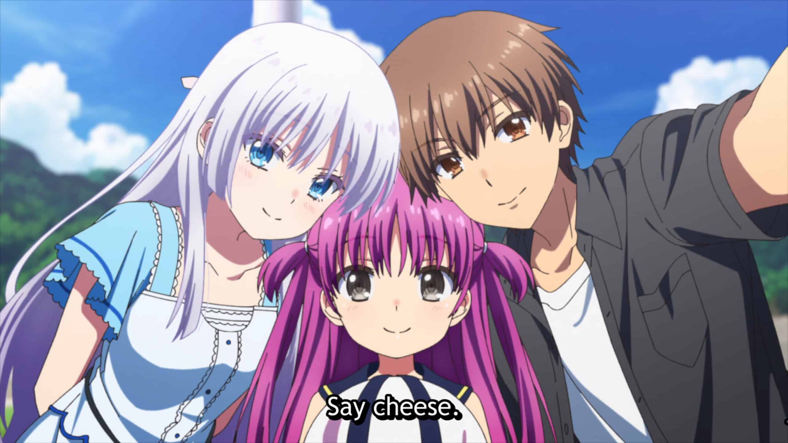 Shiroha, Umi and Takahara taking a picture together - Summer Pockets Season 1 Episode 21