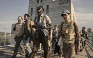 Ray (Cooper Hoffman), Peter (David Jonsson), Arthur (Tut Nyuot) and Hank (Ben Wang) – The Long Walk