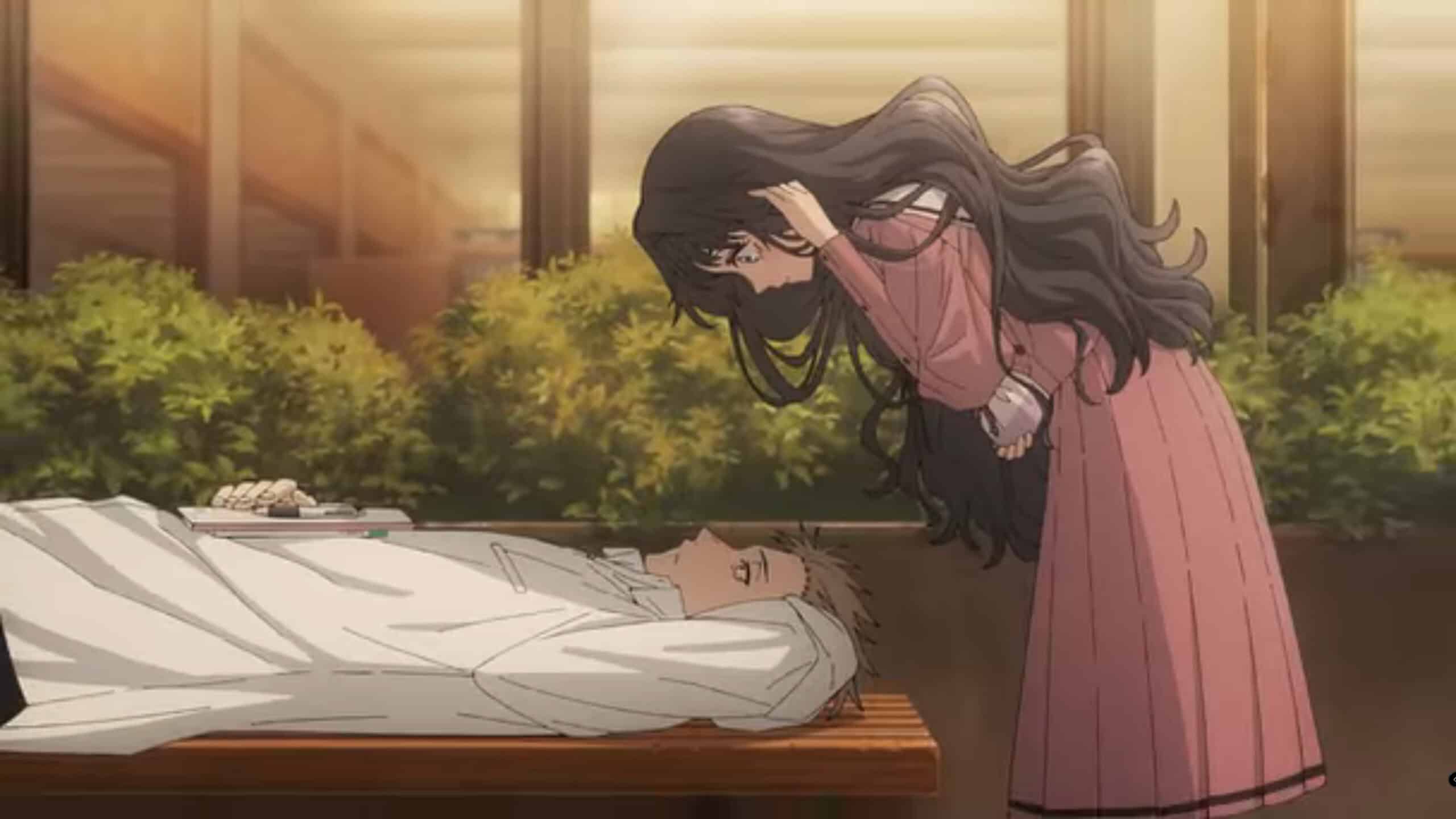 Rintaru and Kaoruko at the library, with Rintaru laying down and Kaoruko standing over him - The Fragrant Flower Blooms With Dignity Season 1 Episode 3