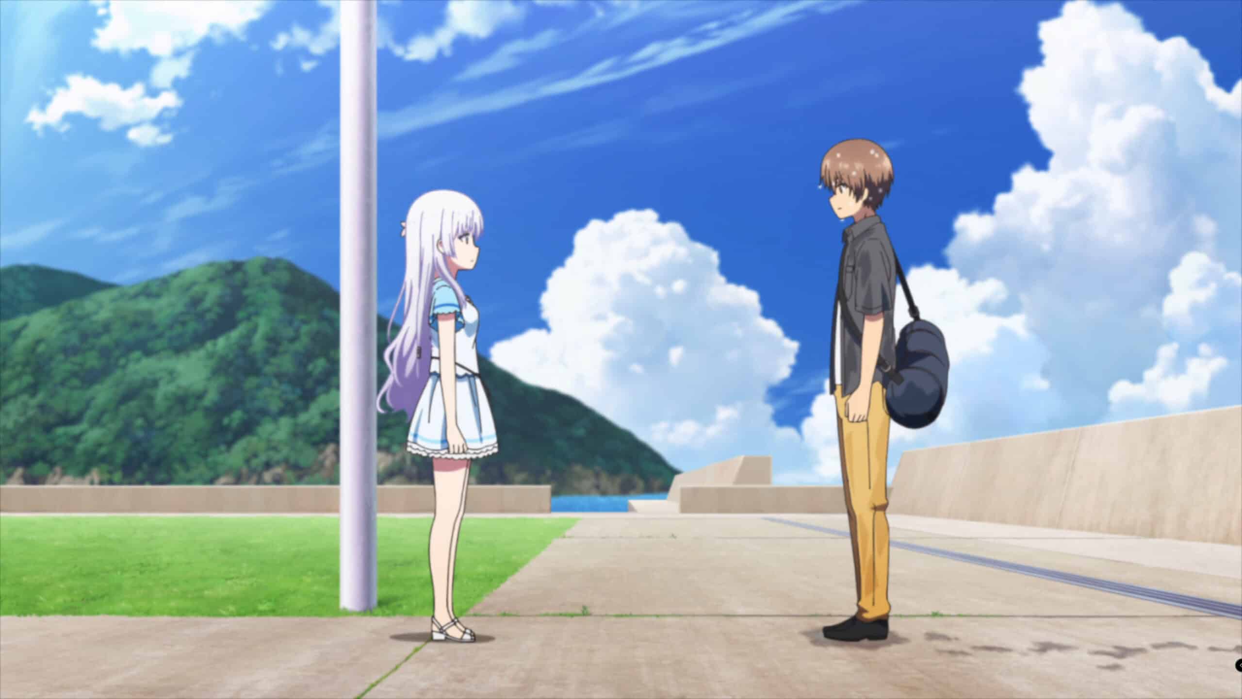 Shiroha and Takahara face to face, after Takahara jumped off a ferry to talk to her - Summer Pockets Season 1 Episode 26
