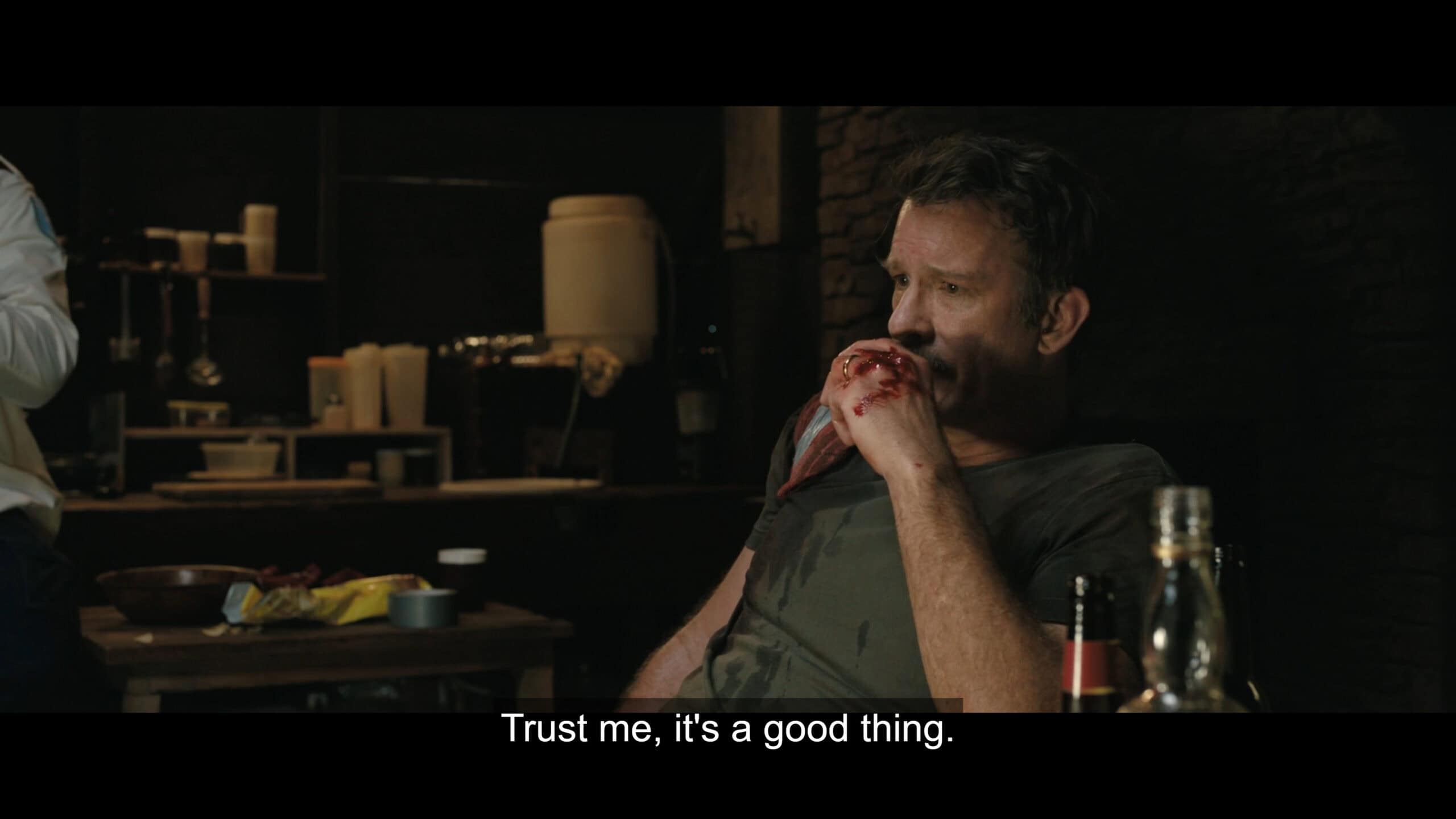 Phil (Thomas Jane) after the first job got botched – Play Dirty