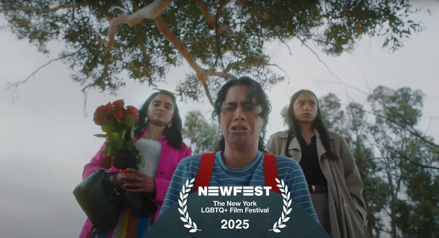 Trisha (Sahana Srinivasan), Sonam (Sureni Weerasekera), and Dar (Tara Raani) over their mom's grave